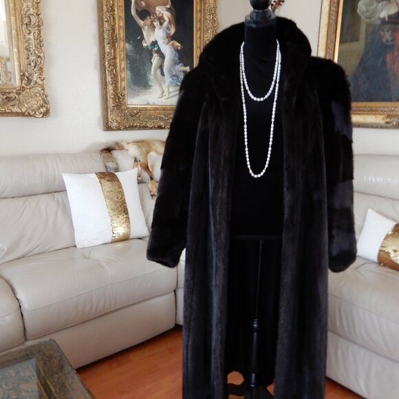 VTG.Barth Wind Genuine Dark Brown Shiny Mink Fur Coat Full Length L/XL - Picture 2 of 12